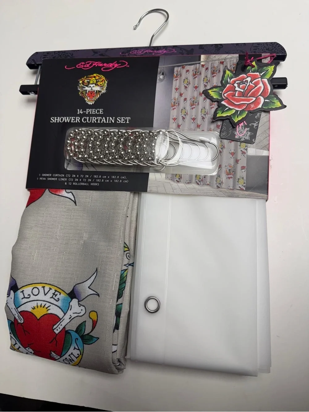 Ed Hardy Shower Curtain Set - Gray, White, Red, Yellow, Blue
